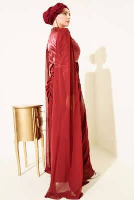 Omuz Pelerinli Taş Detaylı Abiye Elbise Bordo - Elbise