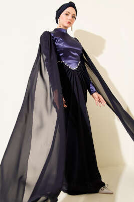 Omuz Pelerinli Taş Detaylı Abiye Elbise Lacivert - CNR TEKSTİL