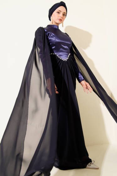 Omuz Pelerinli Taş Detaylı Abiye Elbise Lacivert - Elbise