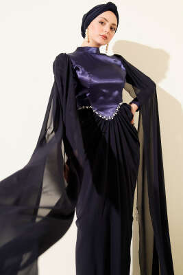 Omuz Pelerinli Taş Detaylı Abiye Elbise Lacivert - Elbise