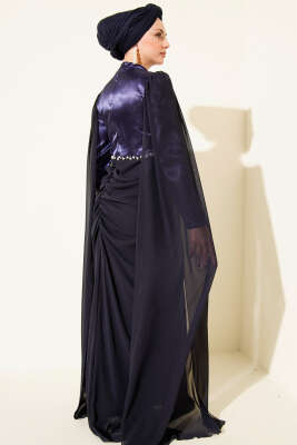 Omuz Pelerinli Taş Detaylı Abiye Elbise Lacivert - Elbise