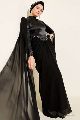 Omuz Pelerinli Taş Detaylı Abiye Elbise Siyah - CNR TEKSTİL