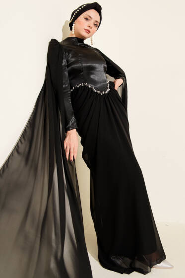 Omuz Pelerinli Taş Detaylı Abiye Elbise Siyah - Elbise