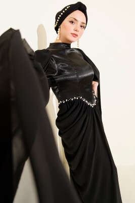 Omuz Pelerinli Taş Detaylı Abiye Elbise Siyah - Elbise