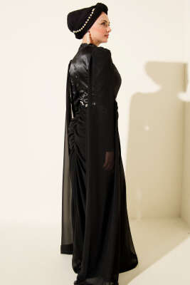 Omuz Pelerinli Taş Detaylı Abiye Elbise Siyah - Elbise