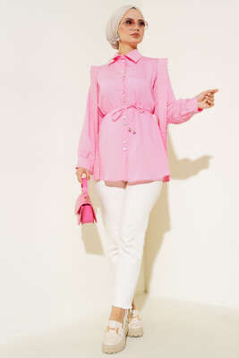 Omuz Pelerinli Taş Düğmeli Gömlek Pembe - Gömlek