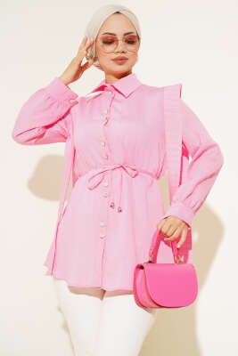 Omuz Pelerinli Taş Düğmeli Gömlek Pembe 