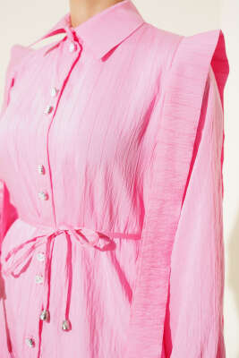 Omuz Pelerinli Taş Düğmeli Gömlek Pembe - Gömlek