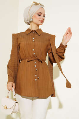 Omuz Pelerinli Taş Düğmeli Gömlek Taba 