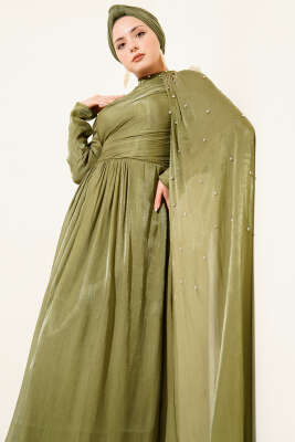 Omuz Pelerinli Taşlı Abiye Elbise Haki - Elbise