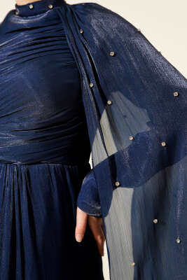 Omuz Pelerinli Taşlı Abiye Elbise Lacivert - Elbise