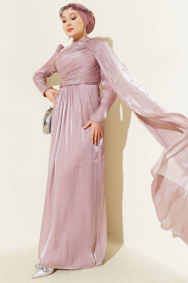 Omuz Pelerinli Taşlı Abiye Elbise Pudra - Elbise