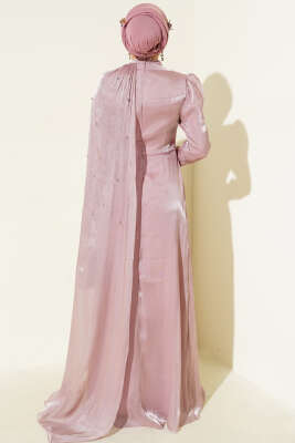 Omuz Pelerinli Taşlı Abiye Elbise Pudra - Elbise