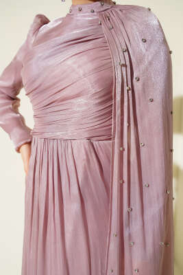 Omuz Pelerinli Taşlı Abiye Elbise Pudra - Elbise