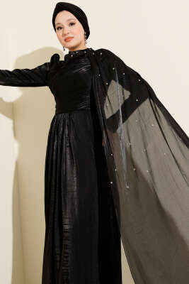 Omuz Pelerinli Taşlı Abiye Elbise Siyah - Elbise