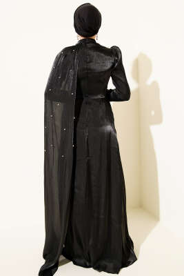 Omuz Pelerinli Taşlı Abiye Elbise Siyah - Elbise