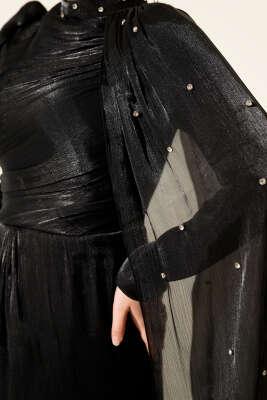 Omuz Pelerinli Taşlı Abiye Elbise Siyah - Elbise