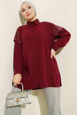 Omuz Pelerinli Taşlı Tensel Gömlek Bordo - NEVA MODA