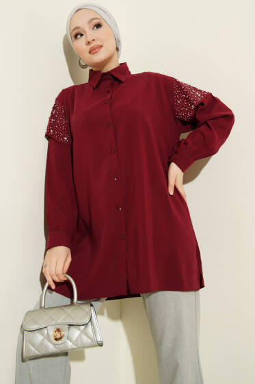 Omuz Pelerinli Taşlı Tensel Gömlek Bordo - Gömlek