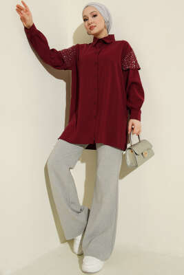 Omuz Pelerinli Taşlı Tensel Gömlek Bordo - Gömlek