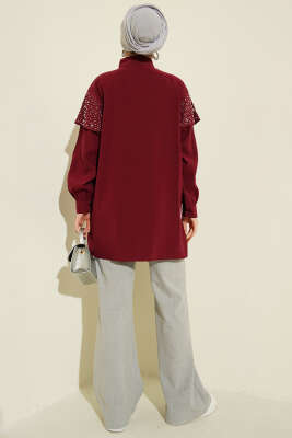 Omuz Pelerinli Taşlı Tensel Gömlek Bordo - Gömlek