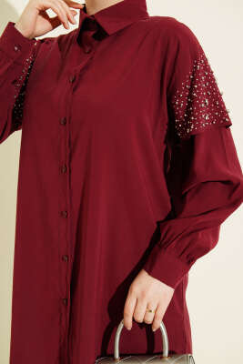 Omuz Pelerinli Taşlı Tensel Gömlek Bordo - Gömlek