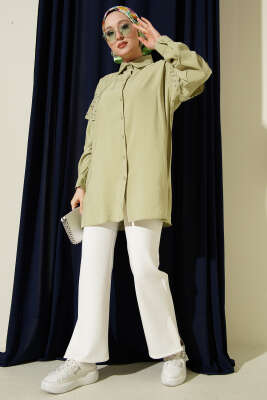 Omuz Pelerinli Taşlı Tensel Gömlek Çağla Yeşili - Gömlek
