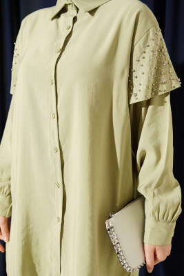 Omuz Pelerinli Taşlı Tensel Gömlek Çağla Yeşili - Gömlek