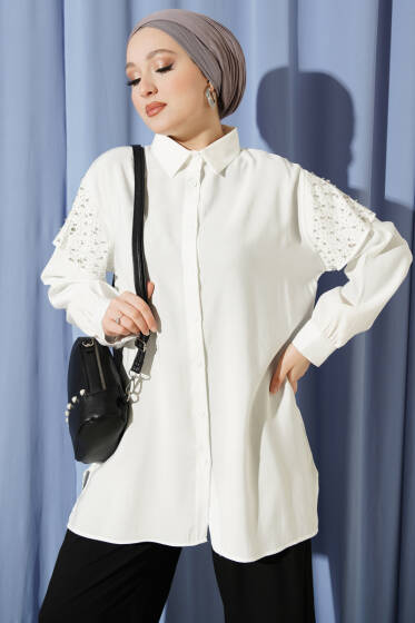 Omuz Pelerinli Taşlı Tensel Gömlek Ekru - Gömlek