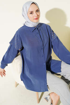 Omuz Pelerinli Taşlı Tensel Gömlek İndigo 