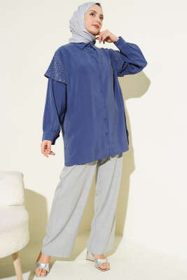 Omuz Pelerinli Taşlı Tensel Gömlek İndigo - Gömlek