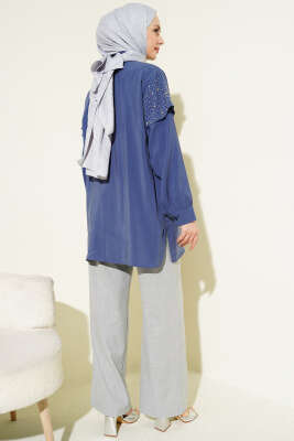 Omuz Pelerinli Taşlı Tensel Gömlek İndigo - Gömlek