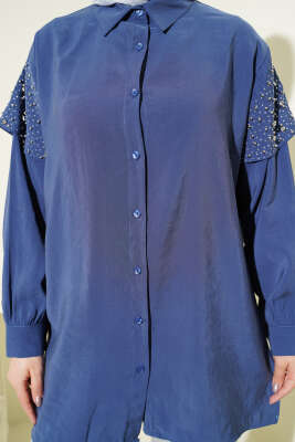 Omuz Pelerinli Taşlı Tensel Gömlek İndigo - Gömlek