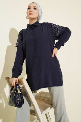 Omuz Pelerinli Taşlı Tensel Gömlek Lacivert - NEVA MODA