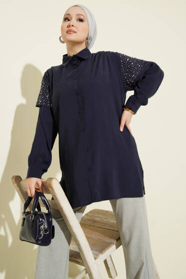 Omuz Pelerinli Taşlı Tensel Gömlek Lacivert - Gömlek