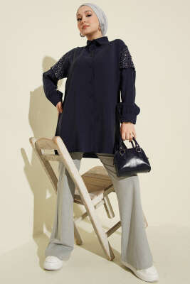 Omuz Pelerinli Taşlı Tensel Gömlek Lacivert - Gömlek