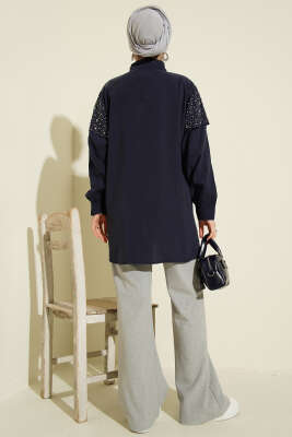 Omuz Pelerinli Taşlı Tensel Gömlek Lacivert - Gömlek