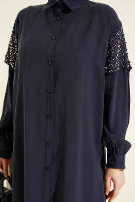 Omuz Pelerinli Taşlı Tensel Gömlek Lacivert - Gömlek