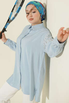 Omuz Pelerinli Taşlı Tensel Gömlek Mavi - NEVA MODA