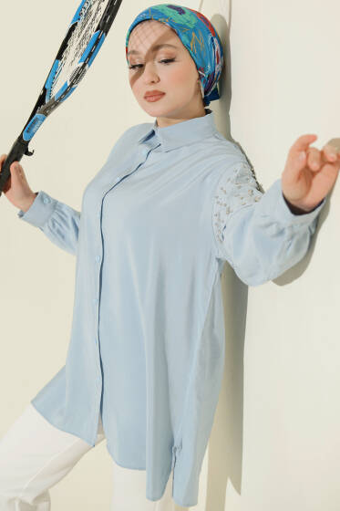 Omuz Pelerinli Taşlı Tensel Gömlek Mavi - Gömlek