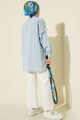 Omuz Pelerinli Taşlı Tensel Gömlek Mavi - Gömlek