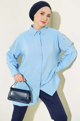 Omuz Pelerinli Taşlı Tensel Gömlek Mavi 