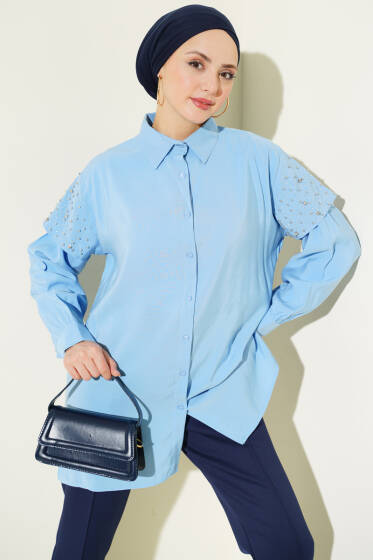 Omuz Pelerinli Taşlı Tensel Gömlek Mavi - Gömlek