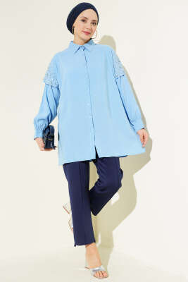 Omuz Pelerinli Taşlı Tensel Gömlek Mavi - Gömlek