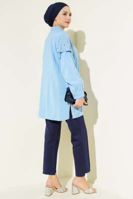 Omuz Pelerinli Taşlı Tensel Gömlek Mavi - Gömlek