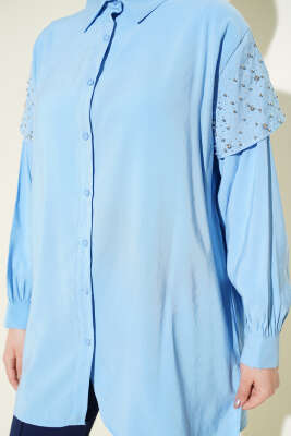 Omuz Pelerinli Taşlı Tensel Gömlek Mavi - Gömlek