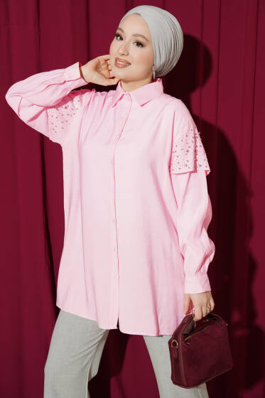 Omuz Pelerinli Taşlı Tensel Gömlek Pembe - Gömlek