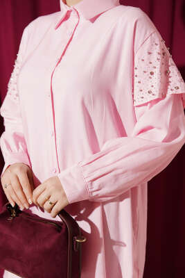 Omuz Pelerinli Taşlı Tensel Gömlek Pembe - Gömlek