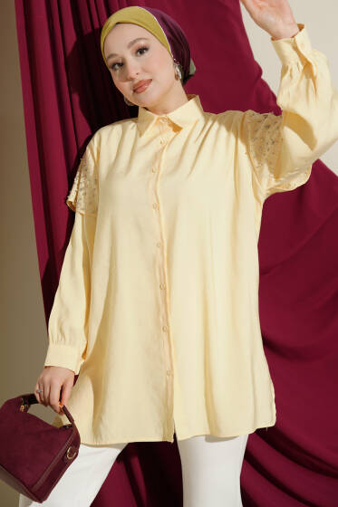 Omuz Pelerinli Taşlı Tensel Gömlek Sarı - Gömlek