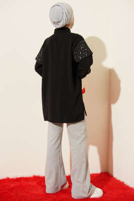 Omuz Pelerinli Taşlı Tensel Gömlek Siyah - Gömlek